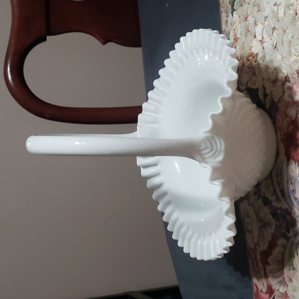 FENTON White Milk Glass Ruffled Crimped Edge Hobnail Bridal Basket 10”. Vintage.